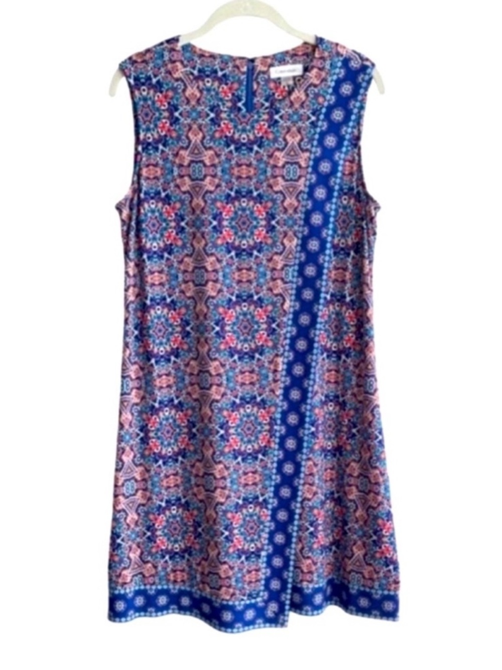 Calvin Klein Sleeveless Dress Front Crossover Wrap Mosaic Print Blue Size 10